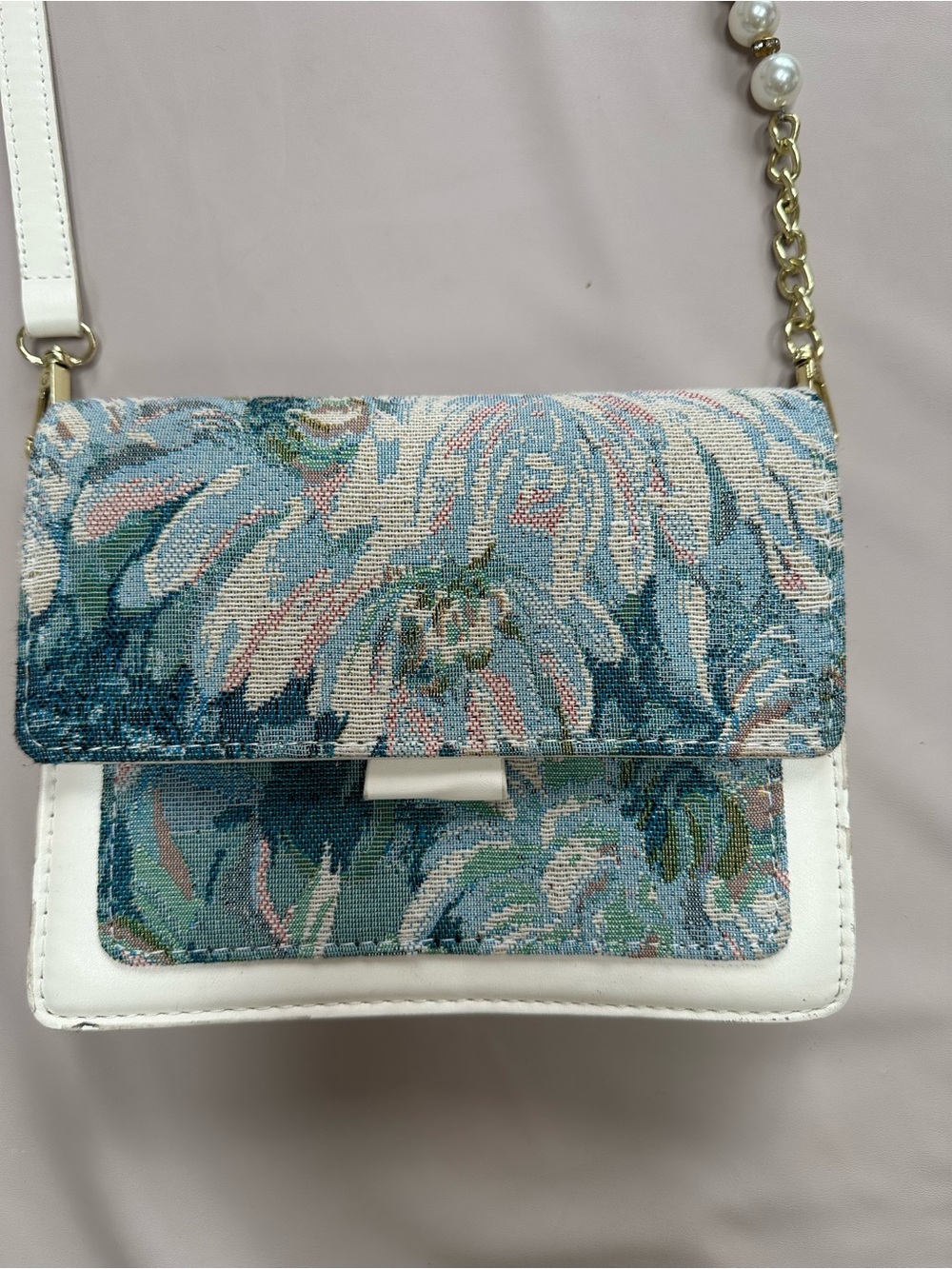 Floral Tapestry Crossbody Bag in Blue and White